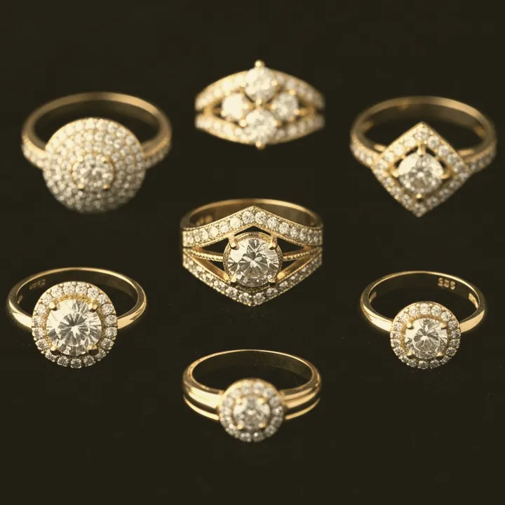 Gold rings set with diamonds, arranged on dark velvet